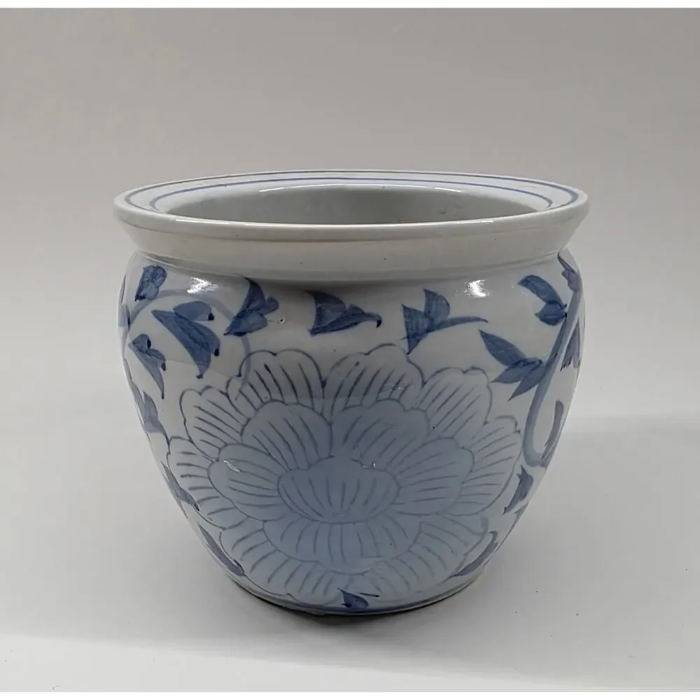 Blue White Floral Ceramic Cachepot Planter Jardiniere 5.25